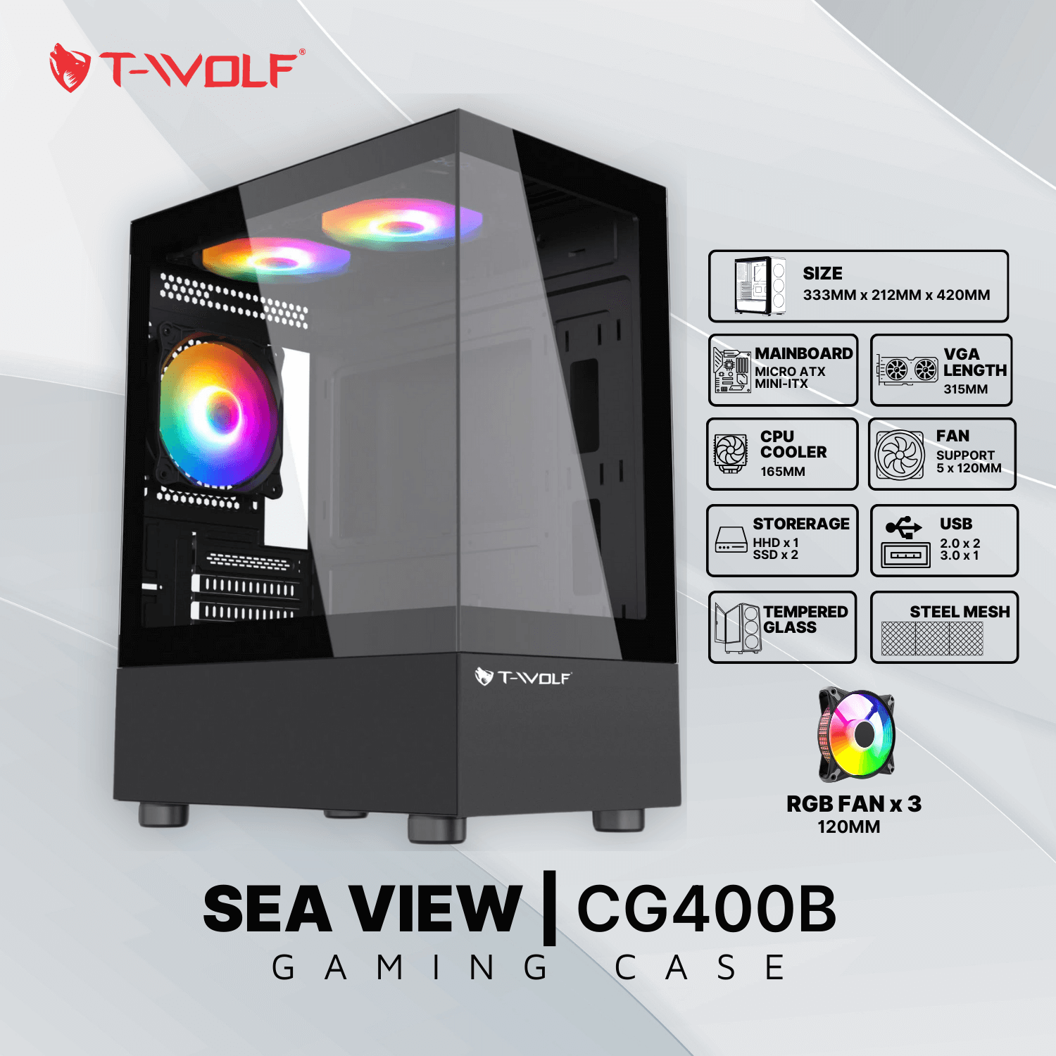 Case T-Wolf Sea View CG400B Gaming Black/Đen (Kèm 3Fan Led)