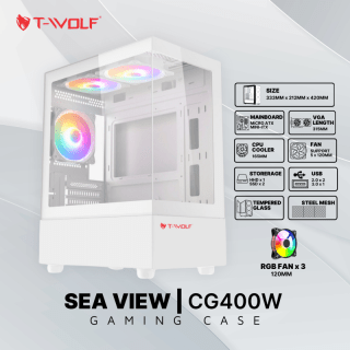 Case T-wolf Sea View CG400W Gaming White/Trắng (Kèm 3Fan Led)