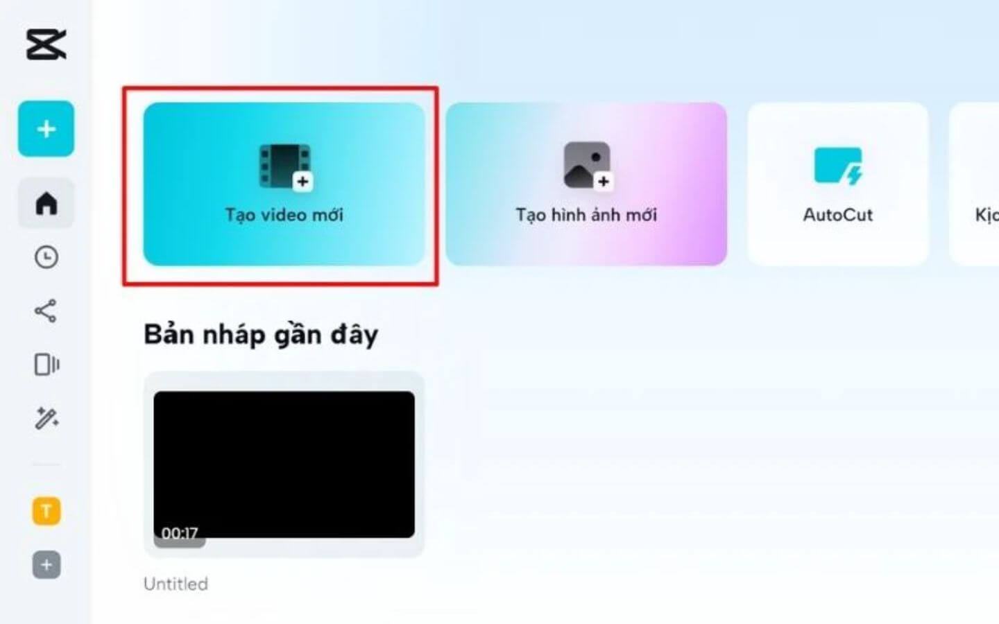 Đăng nhập tài khoản Capcut, giao diện chính sẽ hiển thị > Chọn “Tạo video mới” để bắt đầu chỉnh sửa. (Nguồn: Internet)