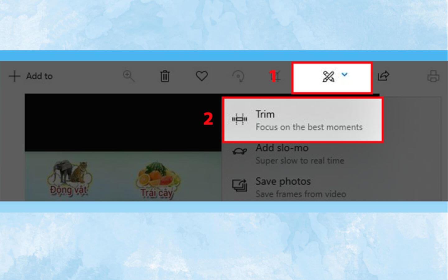 Trong giao diện ứng dụng, tại thanh công cụ phía trên, chọn biểu tượng “Cắt video” (Trim) hoặc sử dụng tổ hợp phím Ctrl + E để bắt đầu chỉnh sửa. (Nguồn: Internet)