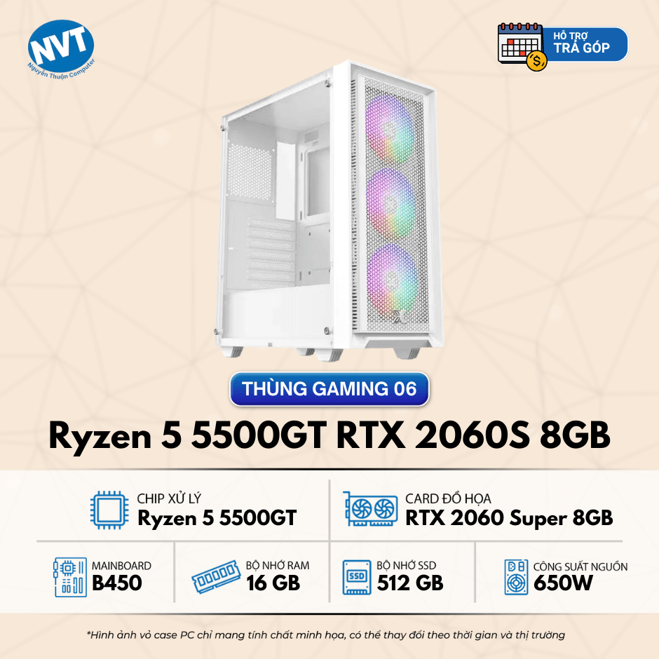 Thùng PC Gaming 06 – Ryzen 5 5500GT | RAM 16GB | 512GB M2 | RTX 2060 Super 8GB (T6/25)