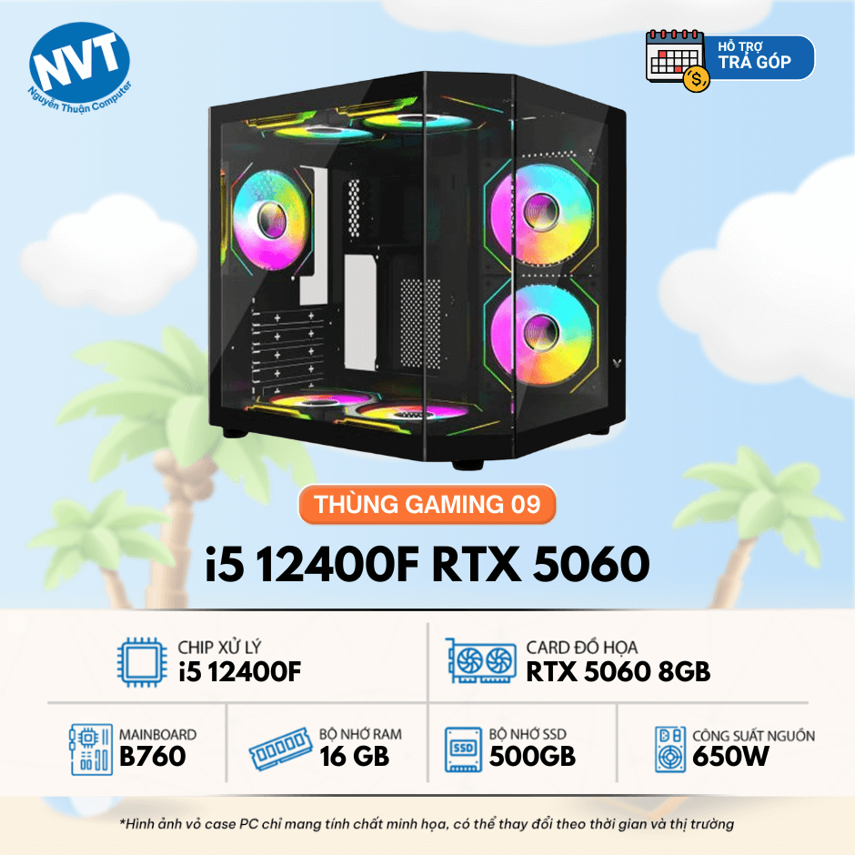 Thùng PC Gaming 09 – i5 12400F | RAM 16GB | 500GB M2 | RTX 5060 8GB (T7/25)
